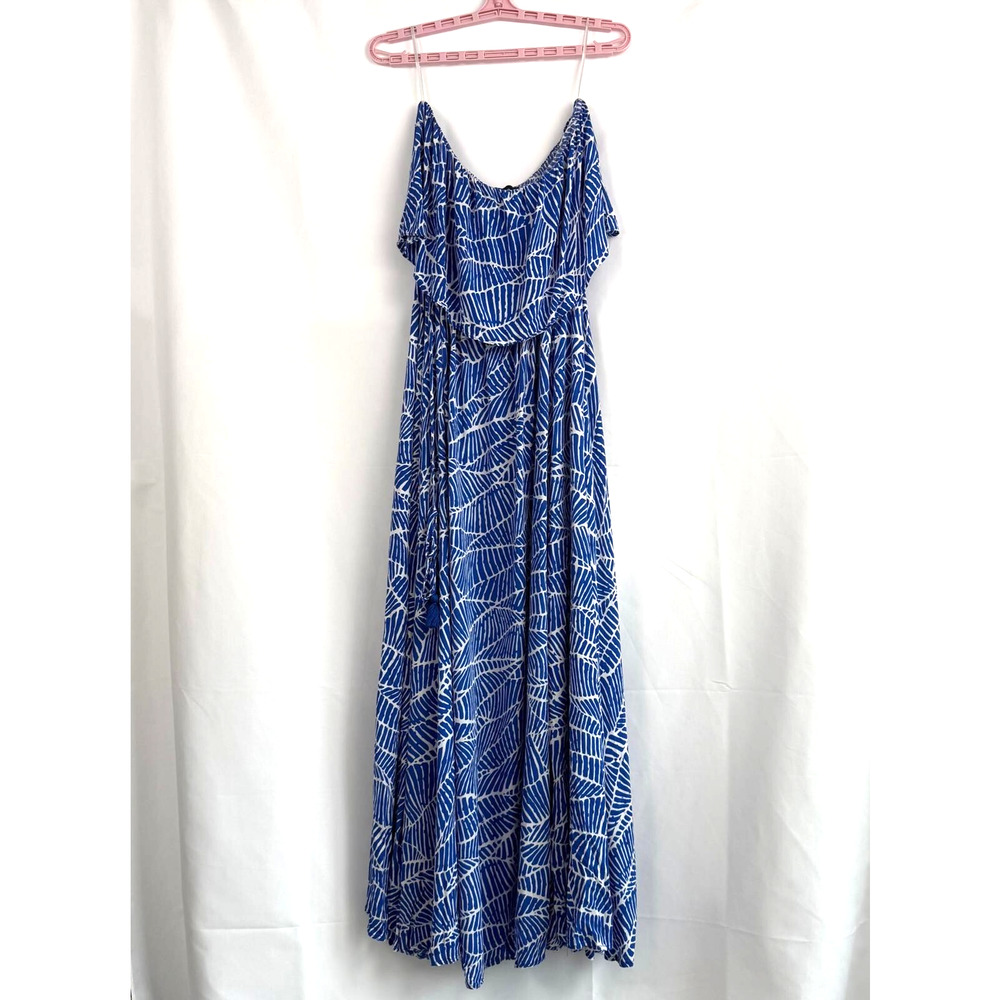 Aakaa Off Shoulder Maxi Dress Blue Fern Print Rayon Front Slit Beach Large